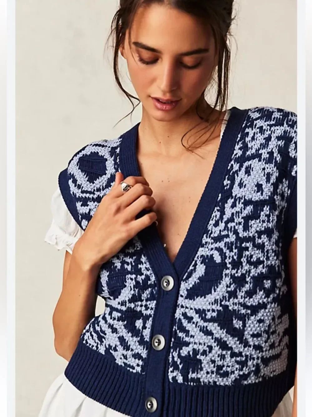 free people XL Navy Light Blue Reverse Knit Vintage Style Button Tapestry Vest